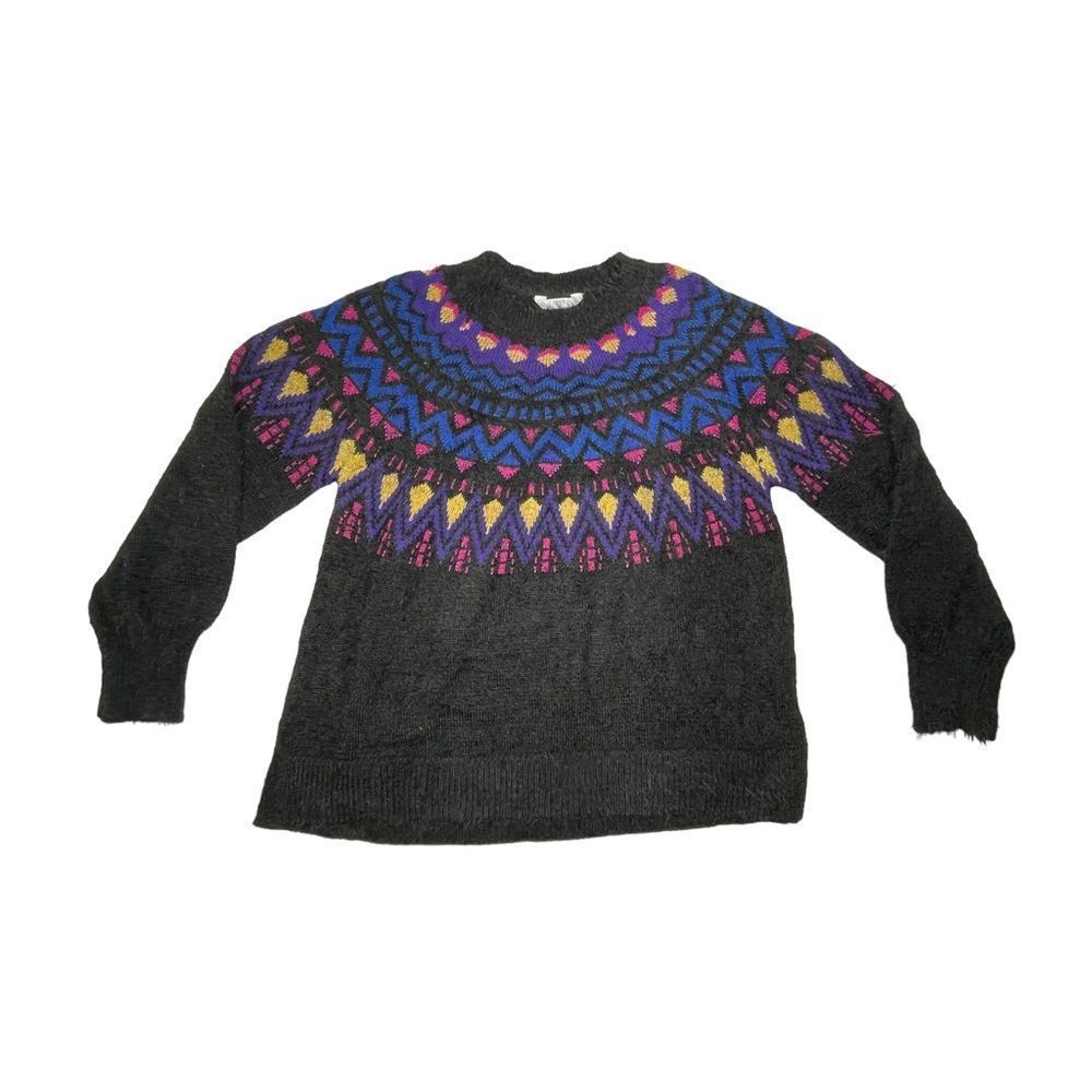 Time & Tru Geometric Bright Black Sweater Womens L 12-14 Pullover Balloon Sleeve